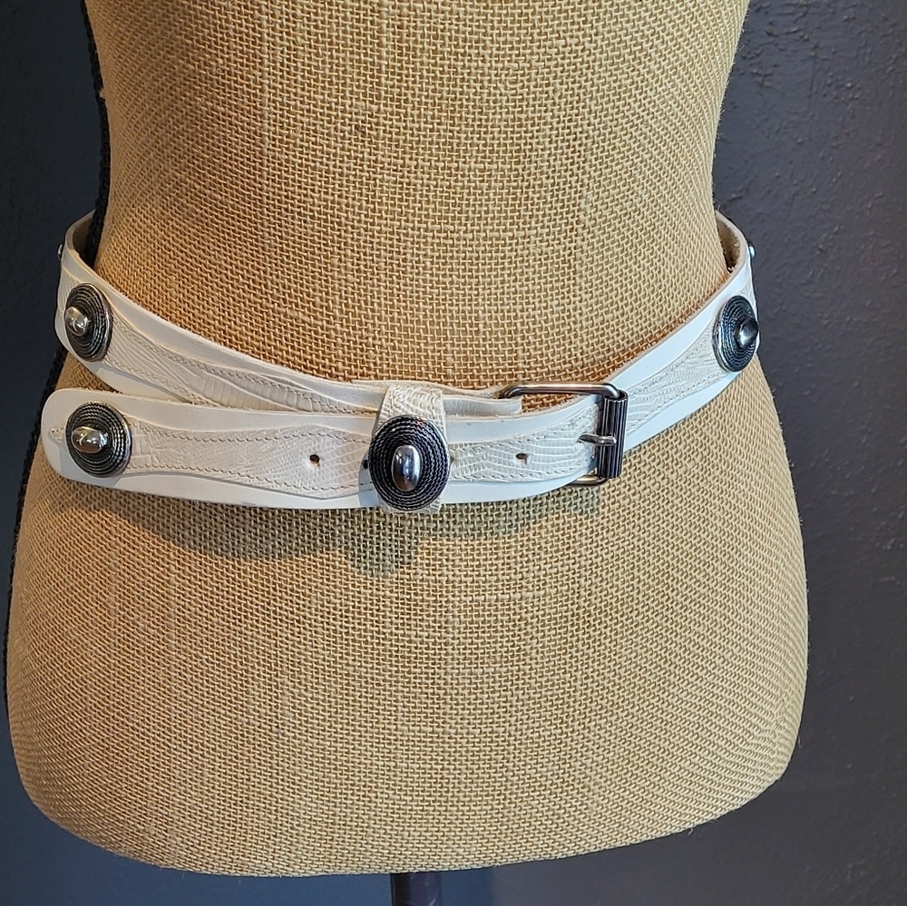 Bijoux Medici Ivory Leather Reptile Accent Sterling Silver Medallions Large Belt